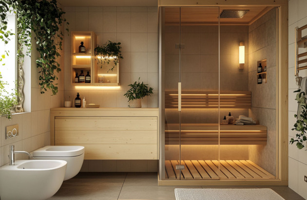 Sauna dans une salle de bains lumineuse