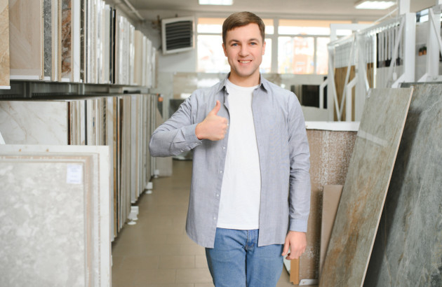 Homme très content d'être présent dans un showroom de carrelage