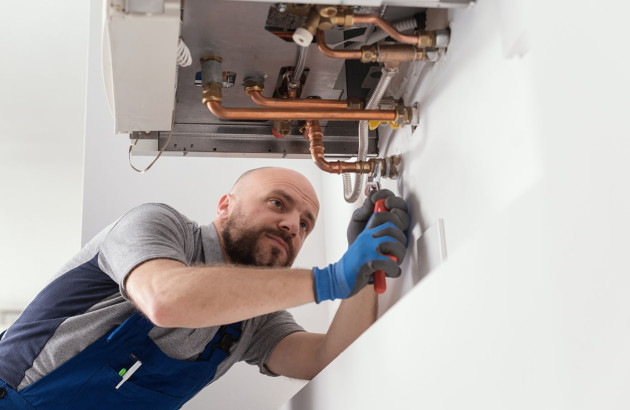 Homme qui fixe des flexibles pour installer un chauffe-eau