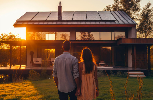 Une maison familiale écologique au coucher du soleil