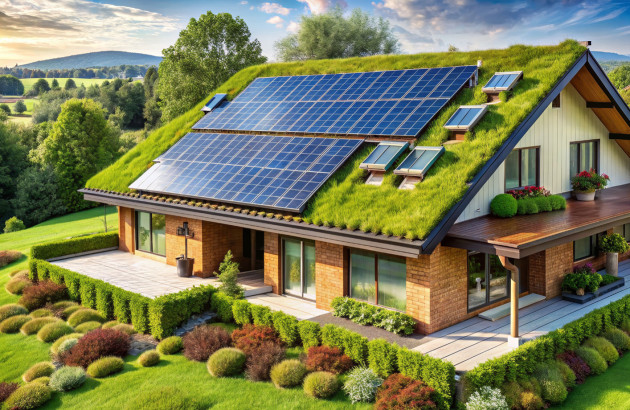 Maison avec un toit avec de l'herbe et des panneaux solaires