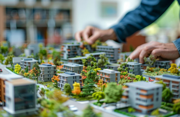 Homme qui travaille sur une maquette de ville verte et écologique