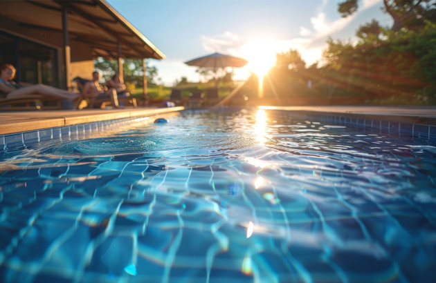 Belle piscine chauffée par les rayons du soleil