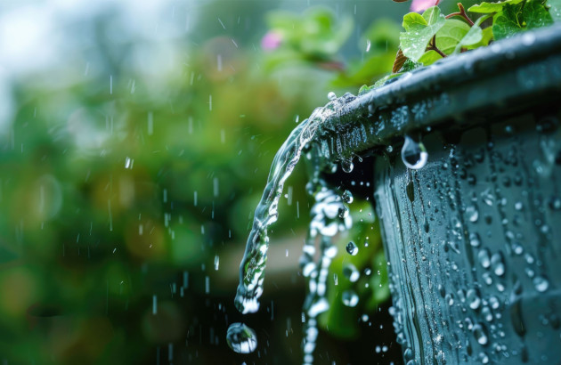 Eau de pluie qui déborde d'un récipient qui contient des plantes