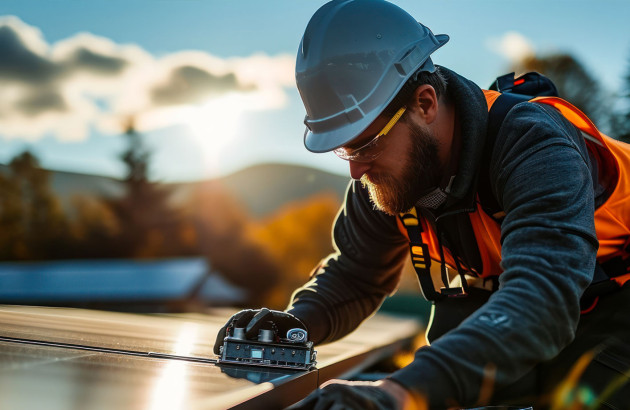 Ouvrier en train de travailler sur un panneau solaire