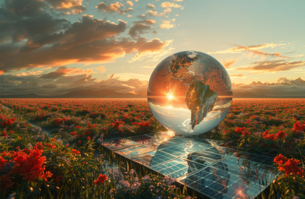 Planète en verre sur un panneau solaire dans un champs de fleurs