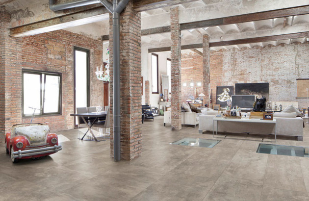 salon style industriel au carrelage gris