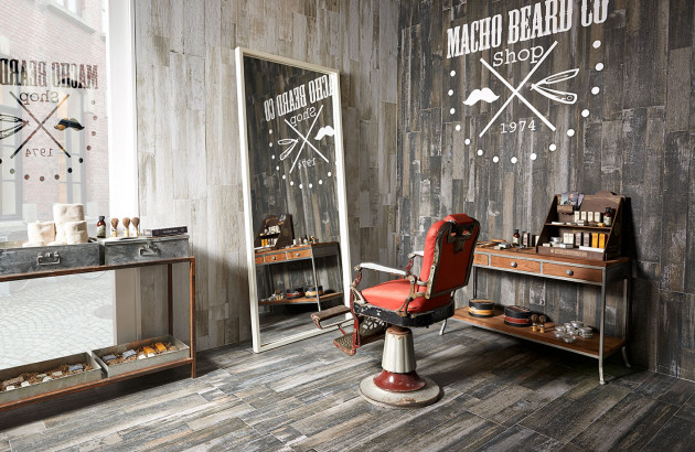 salle d'un coiffeur avec un parquet céramique porcelainée gris