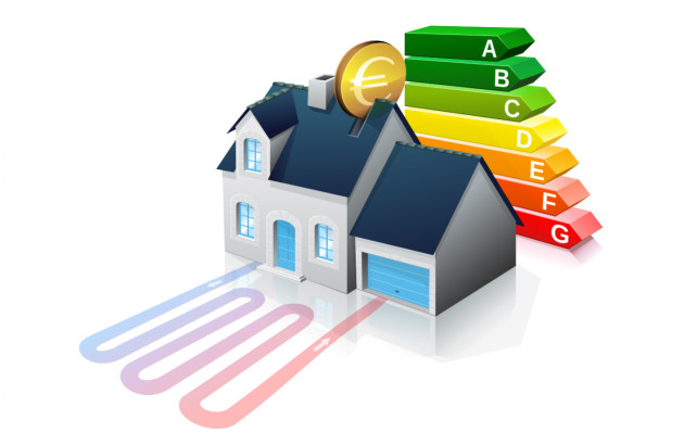 Schéma de maison avec une installation géothermique et un diagramme de performance énergétique derrière