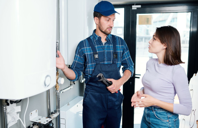 Artisan chauffagiste qui conseille une femme à son domicile