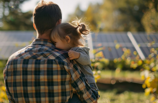 Homme qui porte sa fille en face de son installation de panneaux solaires