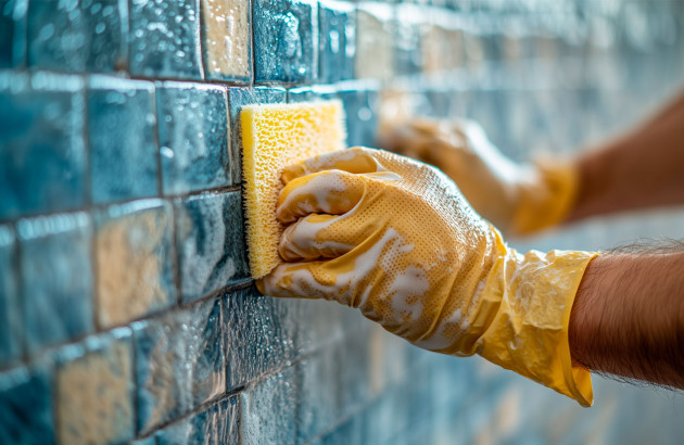 Homme qui nettoie des carreaux de carrelage muraux