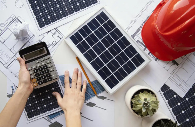 Personne qui utilise une calculatrice pour des calculs d'énergie solaire