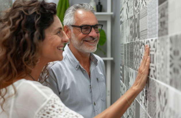 Femme et homme qui touchent des carreaux de carrelage en ciment