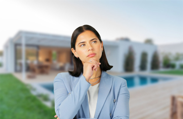 Femme qui se questionne devant sa maison avec piscine