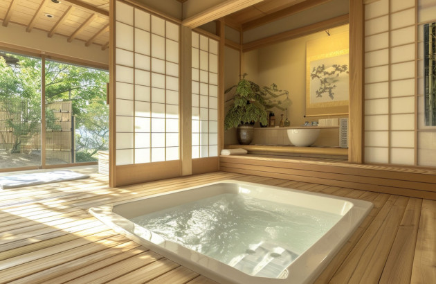 Salle de bains sauna au style japonais avec une porte coulissante