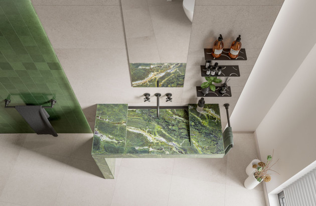 Étagères design avec motifs verts pour rangement de salle de bain