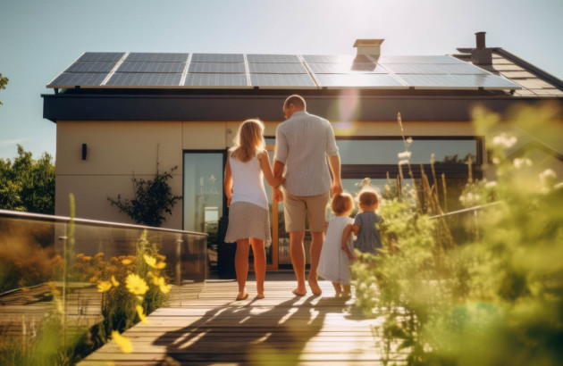 Famille heureuse avec des panneaux solaires sur le toit de leur maison