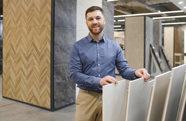 Un homme choisissant les carreaux dans un showroom