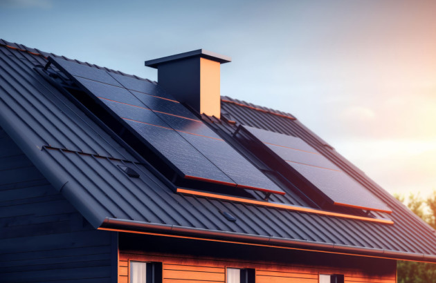 Panneaux solaires noirs disposés dans un toit d'une maison