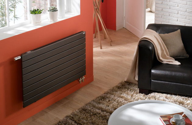 Radiateur noir installé dans une pièce à vivre cosy aux murs rouges