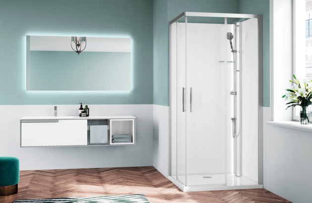 Salle de bain minimaliste bleue avec cabine de douche 