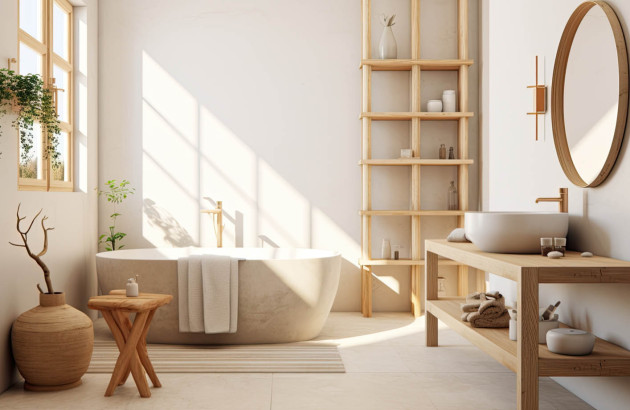 Salle de bains beige apaisante avec du mobilier en bois