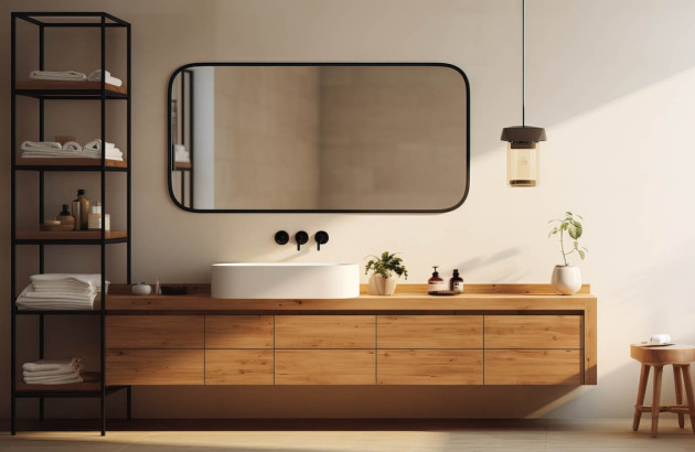 Salle de bains avec meuble vasque large et rangements en bois