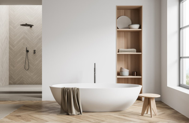 Salle de bains minimaliste avec rangements encastrés