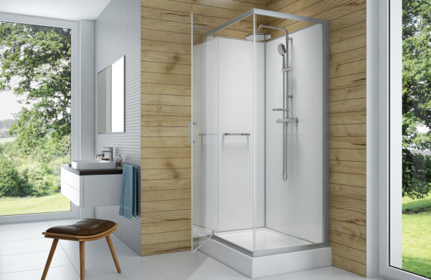 Salle de bains moderne avec cabine de douche blanche