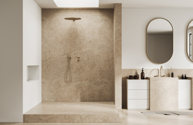 Salle de bains moderne et minimaliste couleur beige avec douche design