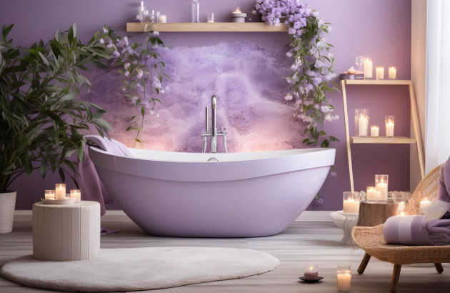 Salle de bains violette avec baignoire