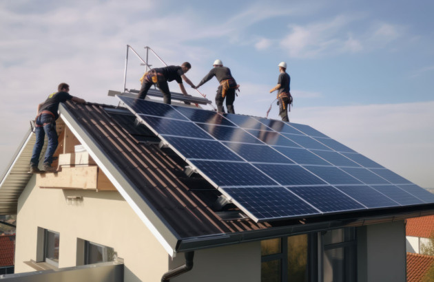 3 ouvriers sur le toit d'une maison qui installent des panneaux solaires