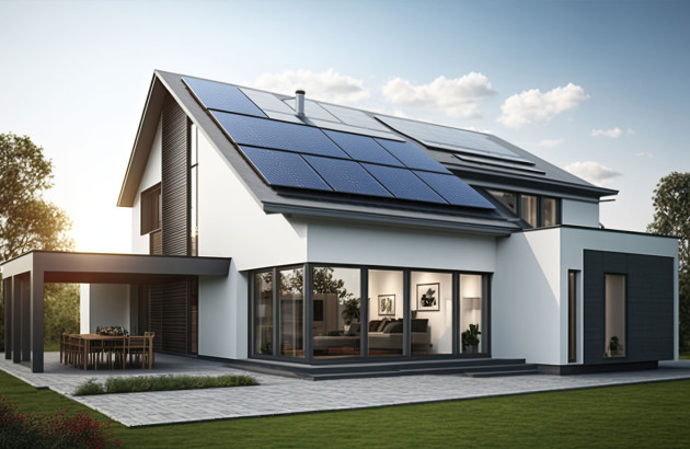 Maison moderne équipée de nombreux panneaux solaires