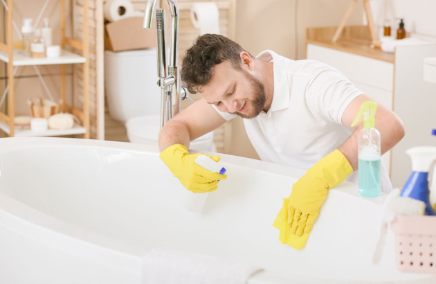 Homme très heureux de nettoyer sa baignoire avec revêtement antibactérien