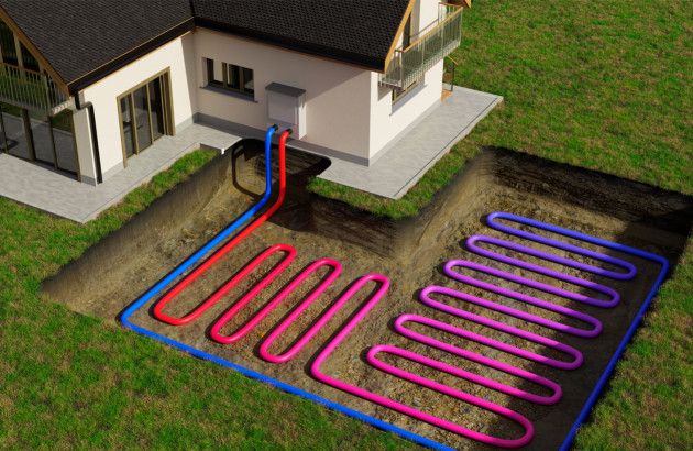Réseau de tuyaux enterrés installation géothermique