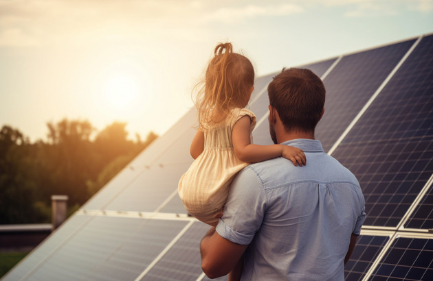 Père et sa fille devant un kit photovoltaïque
