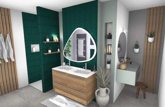 Plan 3D d'une salle de bains nature chic