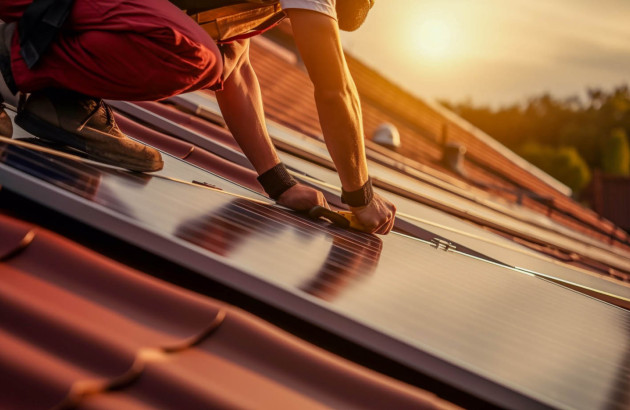 Ouvrier qui pose un panneau solaire sur un toit de maison