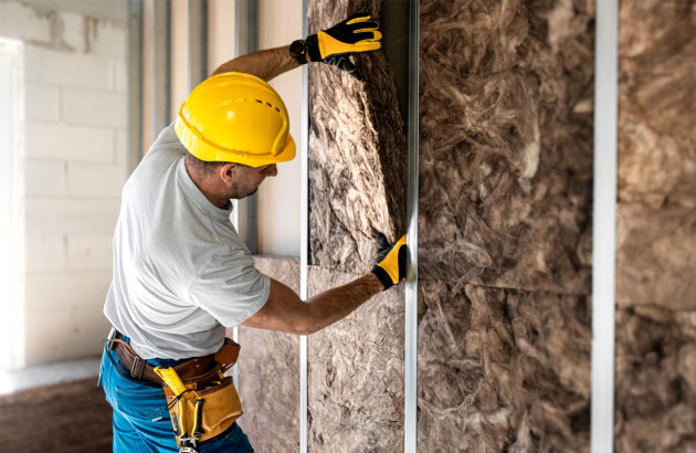 Professionnel en train de poser des matériaux d'isolation acoustique pour les murs