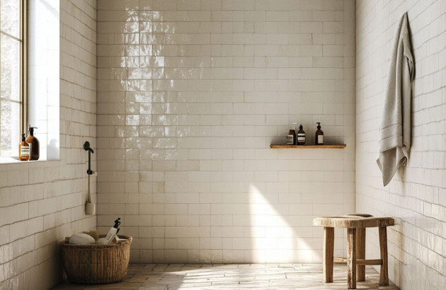 Salle de bains épurée à l'ambiance traditionnelle et carrelage zellige blanc