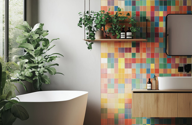 Salle de bains rénovée avec mosaïque colorée