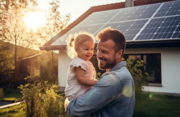 Homme qui tient sa fille dans ses bras devant une maison équipée de panneaux solaires