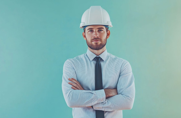 Homme avec un casque de chantier et une cravate qui croise les bras