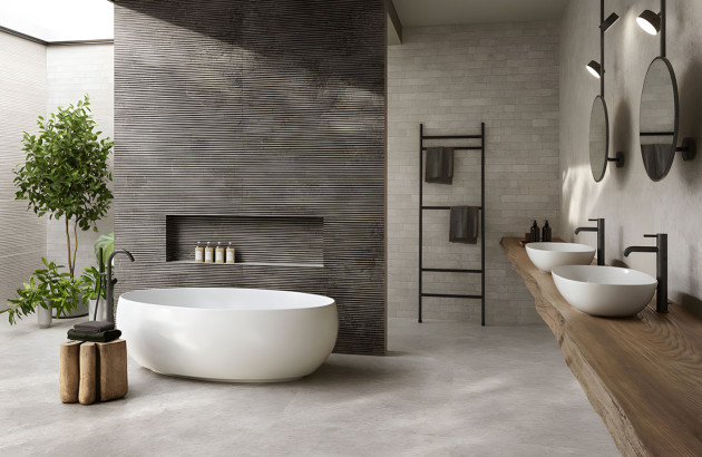Salle de bains épurée avec du carrelage minimaliste