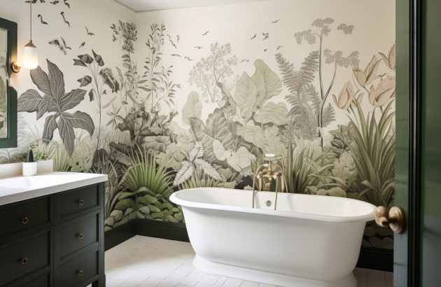 Salle de bains avec une décoration florale et naturelle