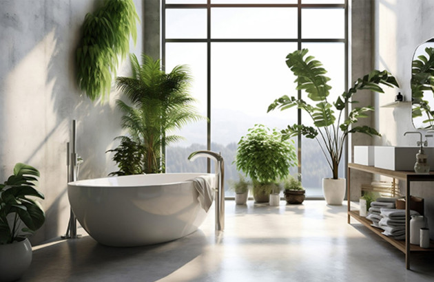 Salle de bain lumineuse avec des plantes tropicales