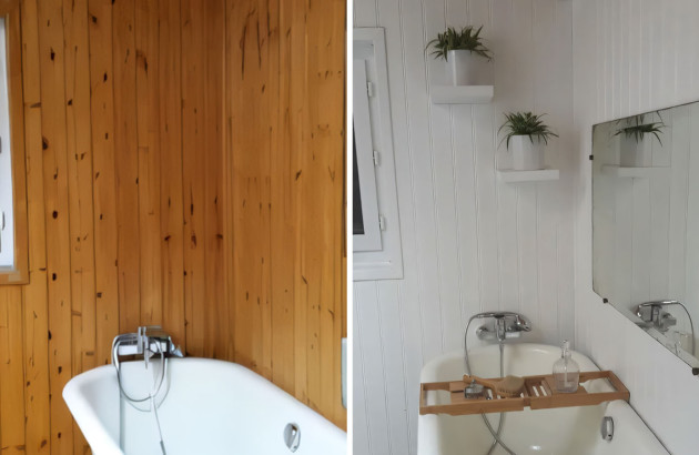 Salle de bains avec du lambris de bois au mur et salle de bains avec du pvc au mur