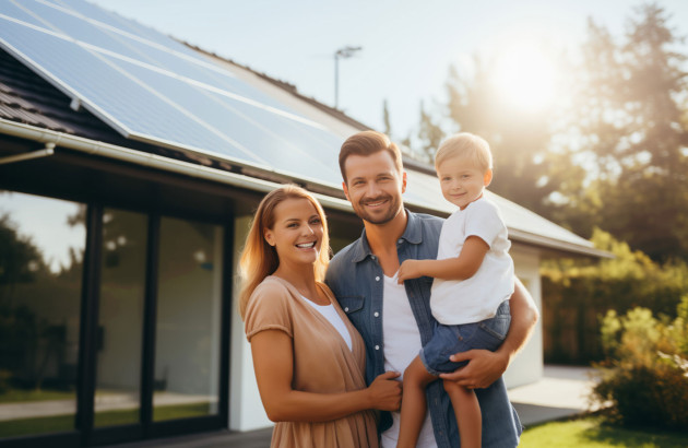 Petite famille très heureuse de disposer de panneaux solaires sur le toit de leur maison