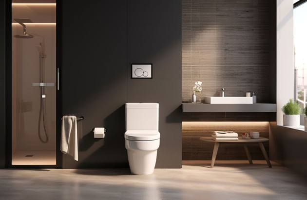 Toilettes modernes dans une salle de bains noir et bois